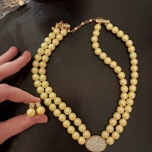 Classic Pearl-Look Double Strand Necklace & Stud Earrings - Gold Tone